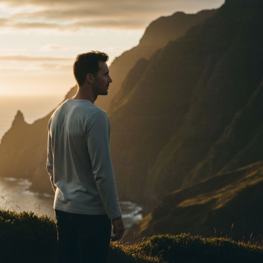 Man standing contemplatively in nature at sunrise
